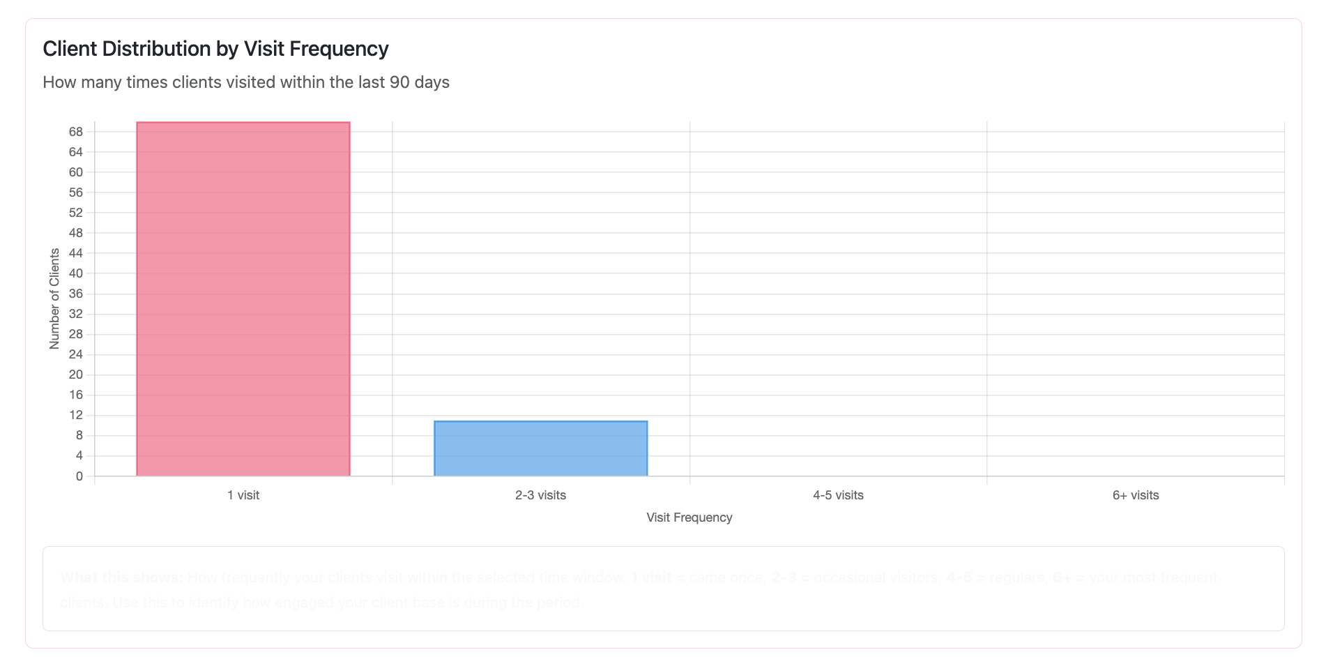 Actual StylistStats visit-frequency report showing how clients are grouped by visits within a selected 90-day window